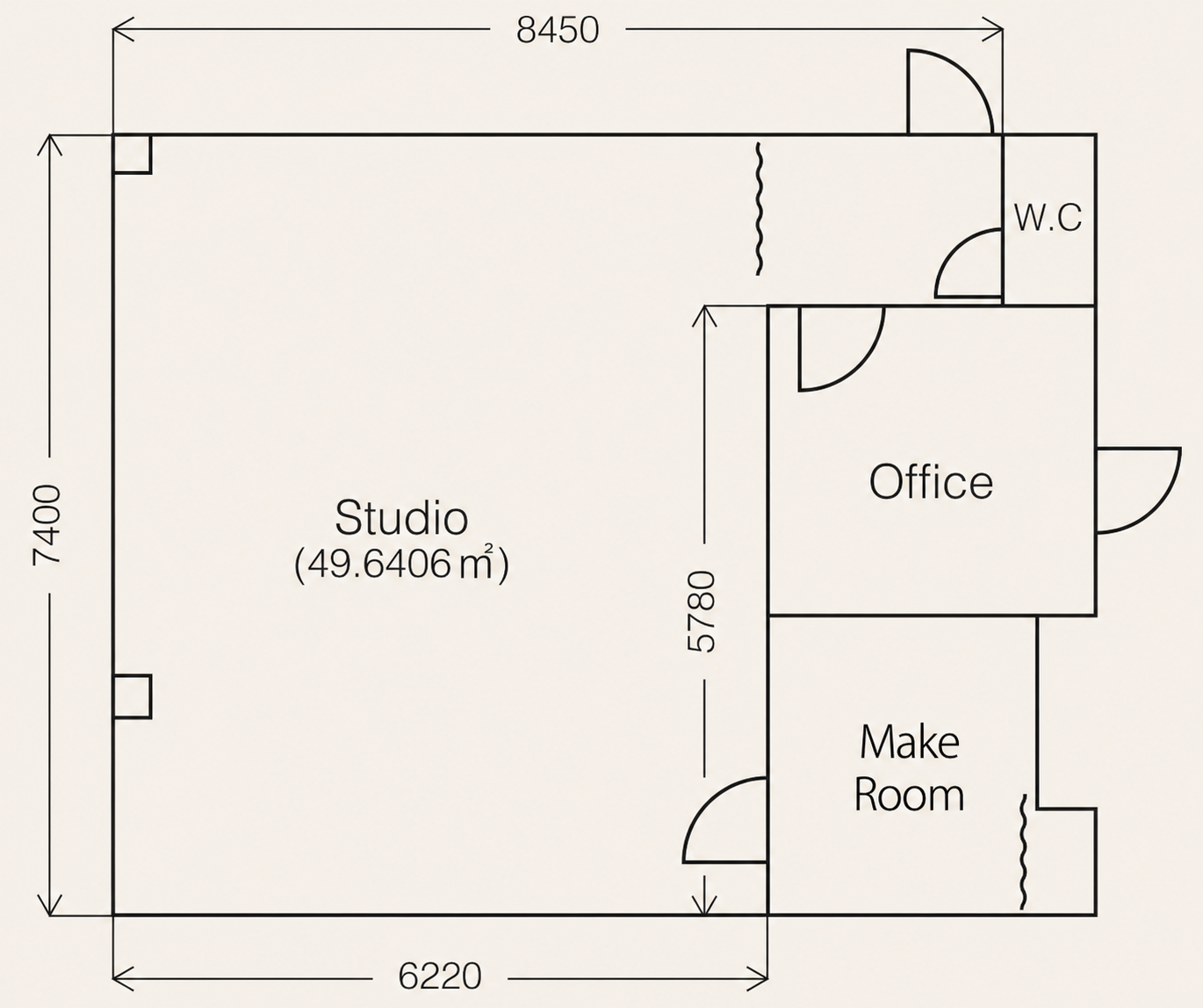 Studio Art8の撮影スペース、メイクルーム、事務室、トイレの平面図